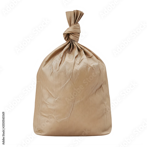 Large beige paper sack tied with knot at the top transparent background