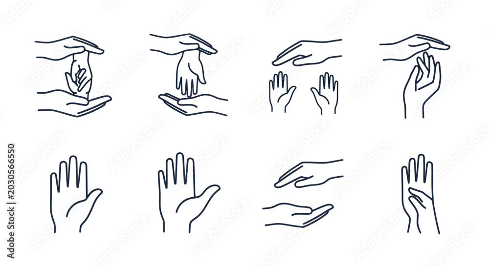 Fototapeta premium Set of Hand Gestures and Line Art Illustrations: Open Palms, Caring, Support, Connection