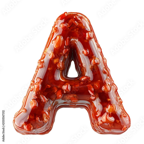 Letter A is rendered as a glossy red chili jam character embedded with numerous small spicy seeds.