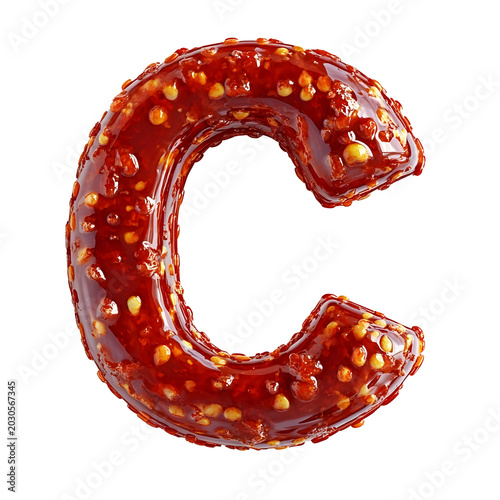 Letter C is crafted from thick red chili paste featuring visible seeds and a shiny, viscous surface.
