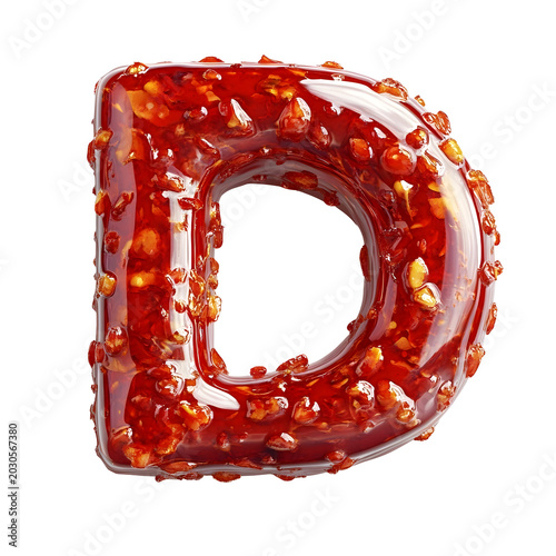 Top view of a 3D letter D made of liquid Sweet Chili Sauce isolated on a white transparent background