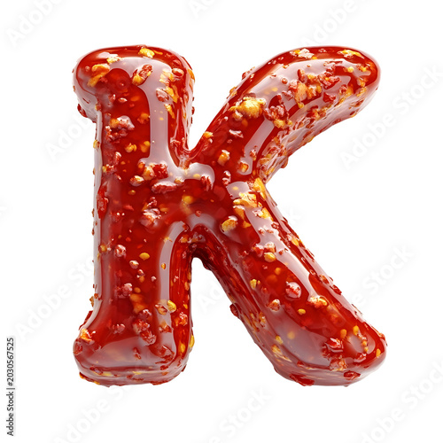 Letter K shaped from glossy chili sauce with visible seeds stands against a clean white background.