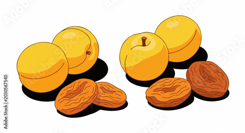 A bright yellow fruit and its dried, wrinkled brown counterpart