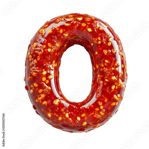 Letter O consists of glossy chili sauce mixed with crushed pepper seeds in a rounded font style.