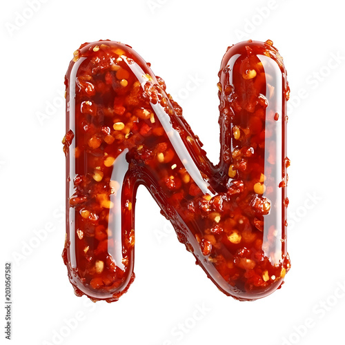 Letter N is formed from thick chili sauce with visible seeds and textured red spicy pepper pieces.
