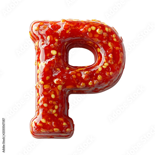 P-shaped letter is composed of thick spicy red chili sauce and scattered seeds to create a bold culinary typography piece.