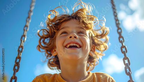 A low angle portrait of a boy laughing as he reaches the highest point on a swing set against sky generative AI