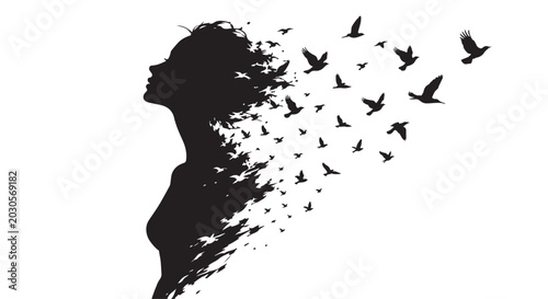 Tableau sur toile Abstract female silhouette dissolving into flying birds, pure white background,
