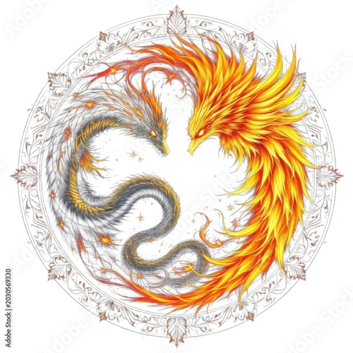 Artistic Sketch of Dragon and Fire Phoenix Yin Yang Circle