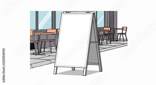 A blank sandwich board stands on pavement outside a cafe with tables and chairs
