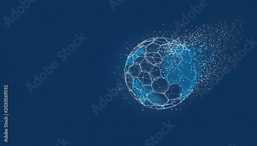Abstract silhouette of a soccer ball from particles lines and triangles on blue background.
