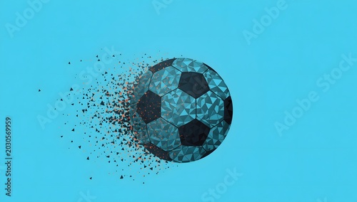 Abstract silhouette of a soccer ball from particles lines and triangles on blue background.