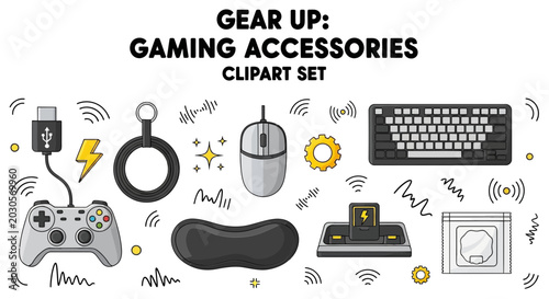 A collection of gaming accessories clipart set including a controller, mouse, keyboard, and charging dock with decorative elements.