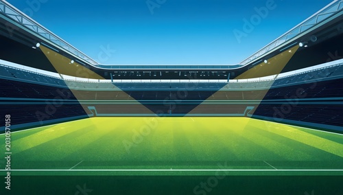 Soccer stadium with empty football field and spotlights vector illustration. Stadium for soccer with green empty field