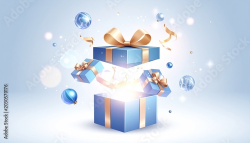 Blue and gold gift boxes bursting with ribbons and sparkles