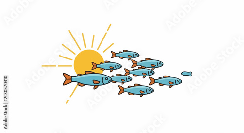 A bright sun shines on a school of small blue fish swimming in unison