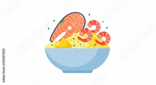 A bright illustration of a bowl filled with yellow grain, topped with salmon, shrimp, and a dollop of mustard