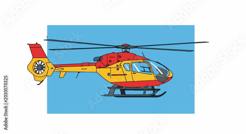 A bright yellow and red helicopter with dark blades against a blue background
