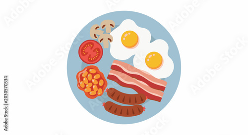 A blue plate holds a full breakfast fried eggs, bacon, sausages, beans, tomato, and mushrooms
