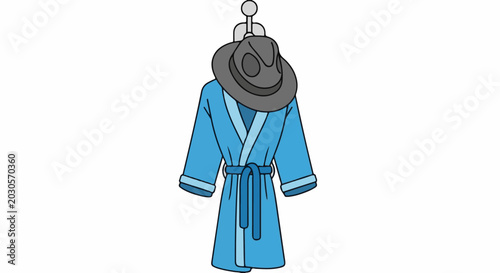 A blue robe and gray hat hang on a hook
