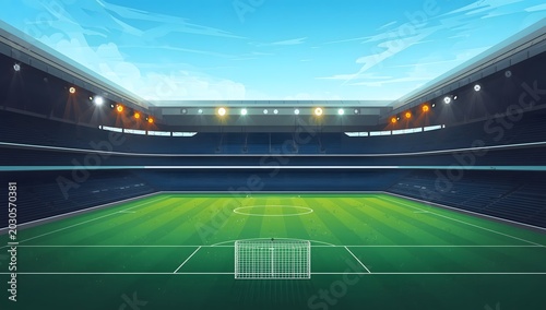 Soccer stadium with empty football field and spotlights vector illustration. Stadium for soccer with green empty field