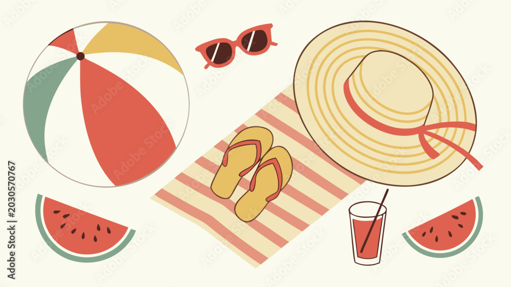 Obraz premium Vector illustration of summer beach vacation essentials set with ball hat towel sandals and watermelon