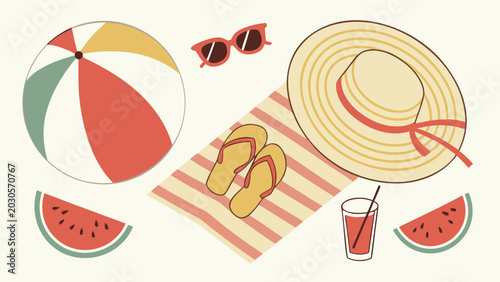 Vector illustration of summer beach vacation essentials set with ball hat towel sandals and watermelon