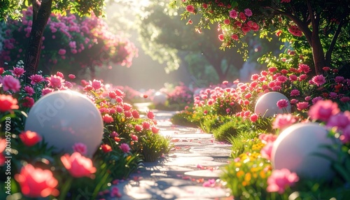 Lush floral garden pathway with spheres and sunlight filtering through trees