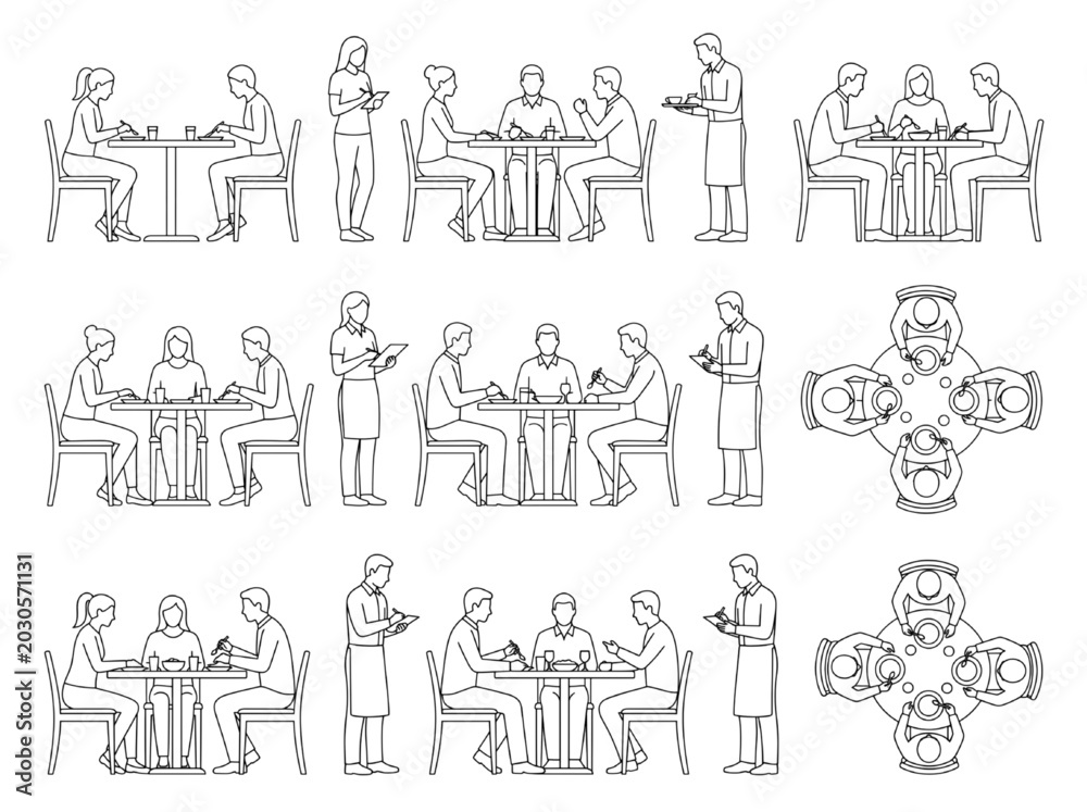 Fototapeta premium Comprehensive CAD Drawings Restaurant Patrons and Staff Dining and Interacting at Tables, Illustrating Seating and Service for Architectural and Interior Design Plans