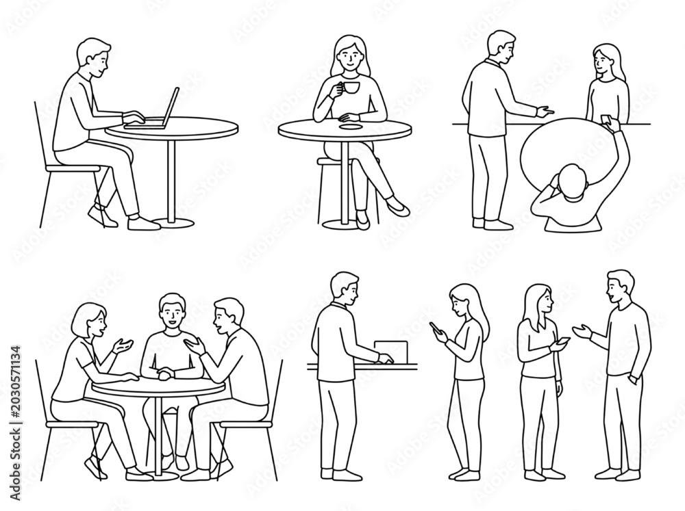 Fototapeta premium CAD Vector Line Art Illustrations People in Social and Professional Settings. Everyday interactions for architectural planning and modern design projects