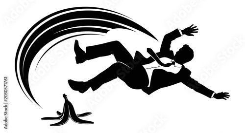 Fotografía Businessman Slipping on Banana Peel, Falling Down, Business Failure Concept