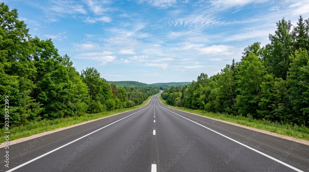 Fototapeta premium Empty two-lane highway stretching through lush green forest under blue sky