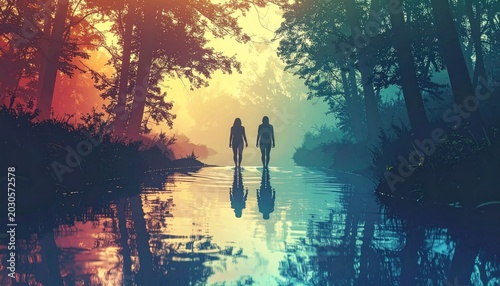 Silhouette of couple walking into misty, colorful forest, reflected in water