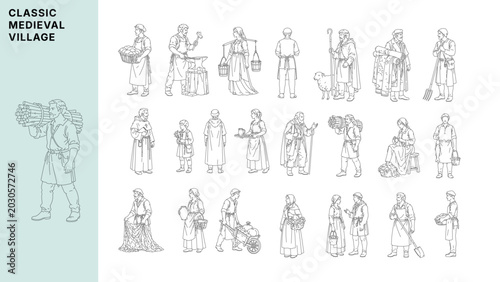 Bild auf Leinwand Medieval village people character collection featuring blacksmiths, farmers, she