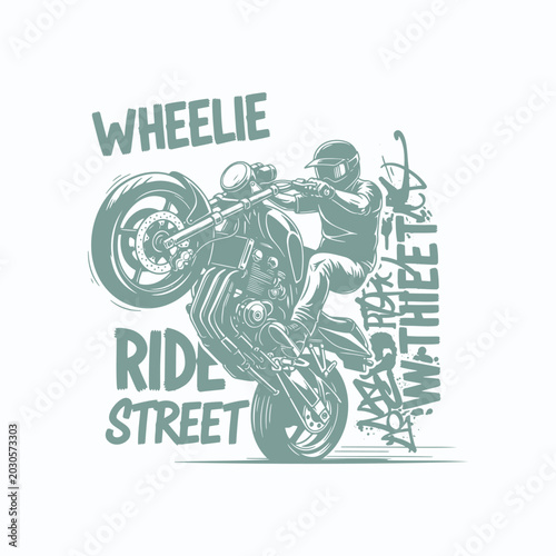 Photos Teal illustration of motorcyclist doing wheelie on street with graffiti