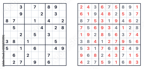 Bild auf Leinwand Sudoku puzzle in progress with filled solutions on right side