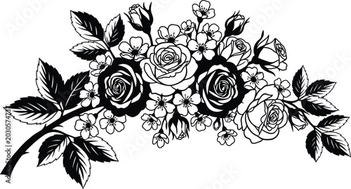 Vintage seamless pattern vector illustration featuring a decorative set of black and white rose silhouettes and floral ornament drawings for retro wallpaper design