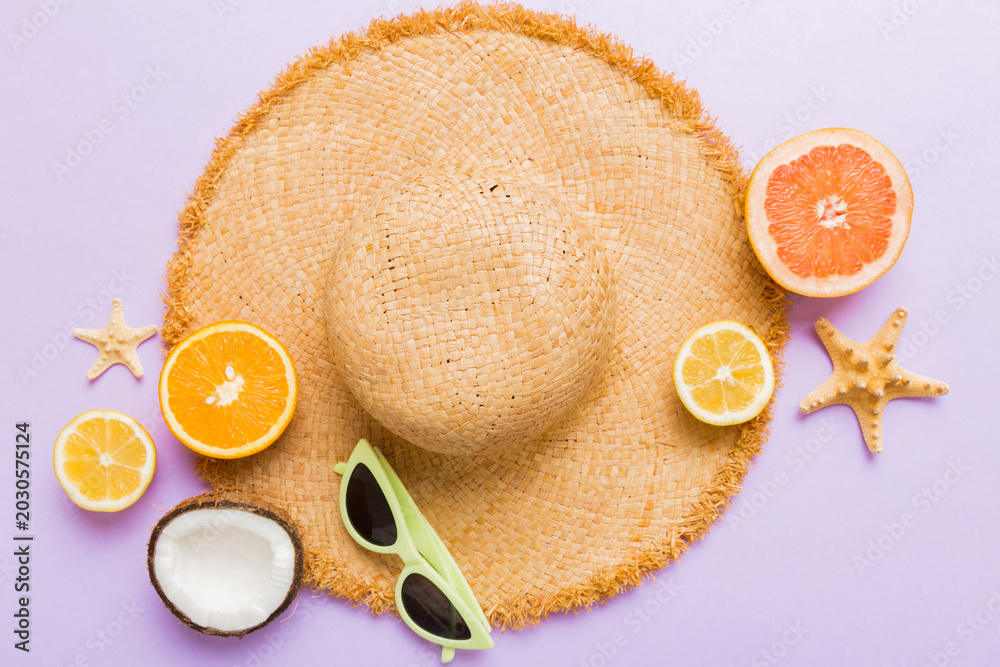 © sosiukin - Top view of various seashells placed near colorful fruit and stylish summer accessories on table background. Summer concept. Flat lay. Top view with copy space for text © sosiukin - Top view of various seashells placed near colorful fruit and stylish summer accessories on table background. Summer concept. Flat lay. Top view with copy space for text