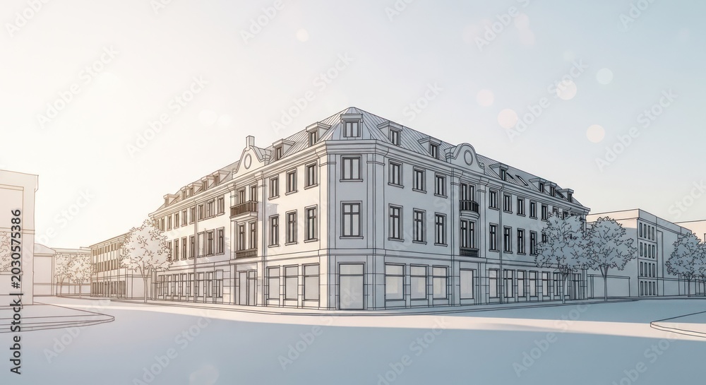Fototapeta premium Architectural Rendering of a EuropeanStyle Corner Building Facade.