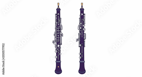 Two detailed, flat-design illustrations of dark purple oboes stand side-by-side on a white background
