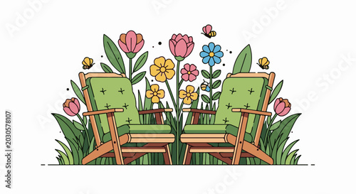 Two empty green chairs sit amidst a vibrant garden of colorful flowers and green leaves with butterflies