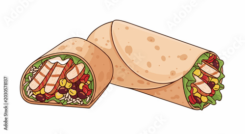 Two delicious cartoon burritos, one sliced, filled with grilled chicken, rice, beans, corn, and lettuce