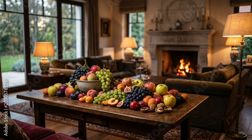 Assorted Fresh Fruits on Wooden Table in Cozy Living Room with Fireplace and Warm Ambient Lighting