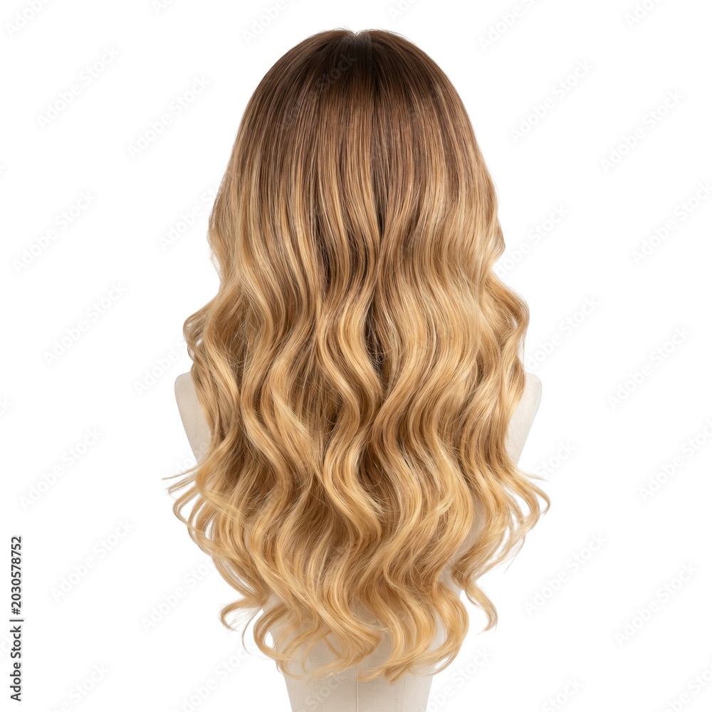 Naklejka premium Back view of a long wavy ombre wig with dark roots and blonde hair on a mannequin head isolated on transparent background