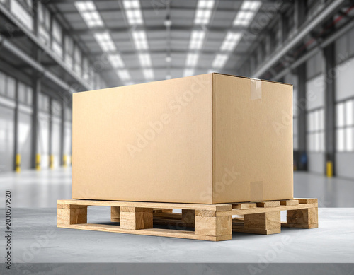 Box on pallet mockup with an industrial warehouse background