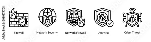 Photos Network Defense icon set vector illustration featuring firewall,network security,and antivirus icons for cyber protection and secure systems