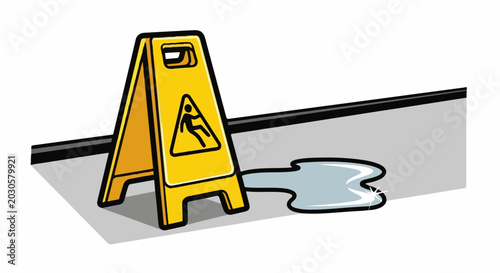 Yellow wet floor caution sign placed next to a puddle on the ground