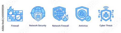 Fotografía Network Defense icon set vector illustration featuring firewall,network security,and antivirus icons for cyber protection and secure systems