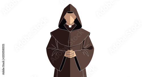 Photos Monk in brown hooded robe, folded hands, white collar, isolated on white backgro
