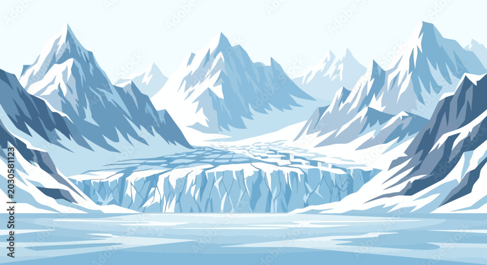 Fototapeta premium Majestic Glacier and Icy Landscape with Towering Snow-Capped Mountains.